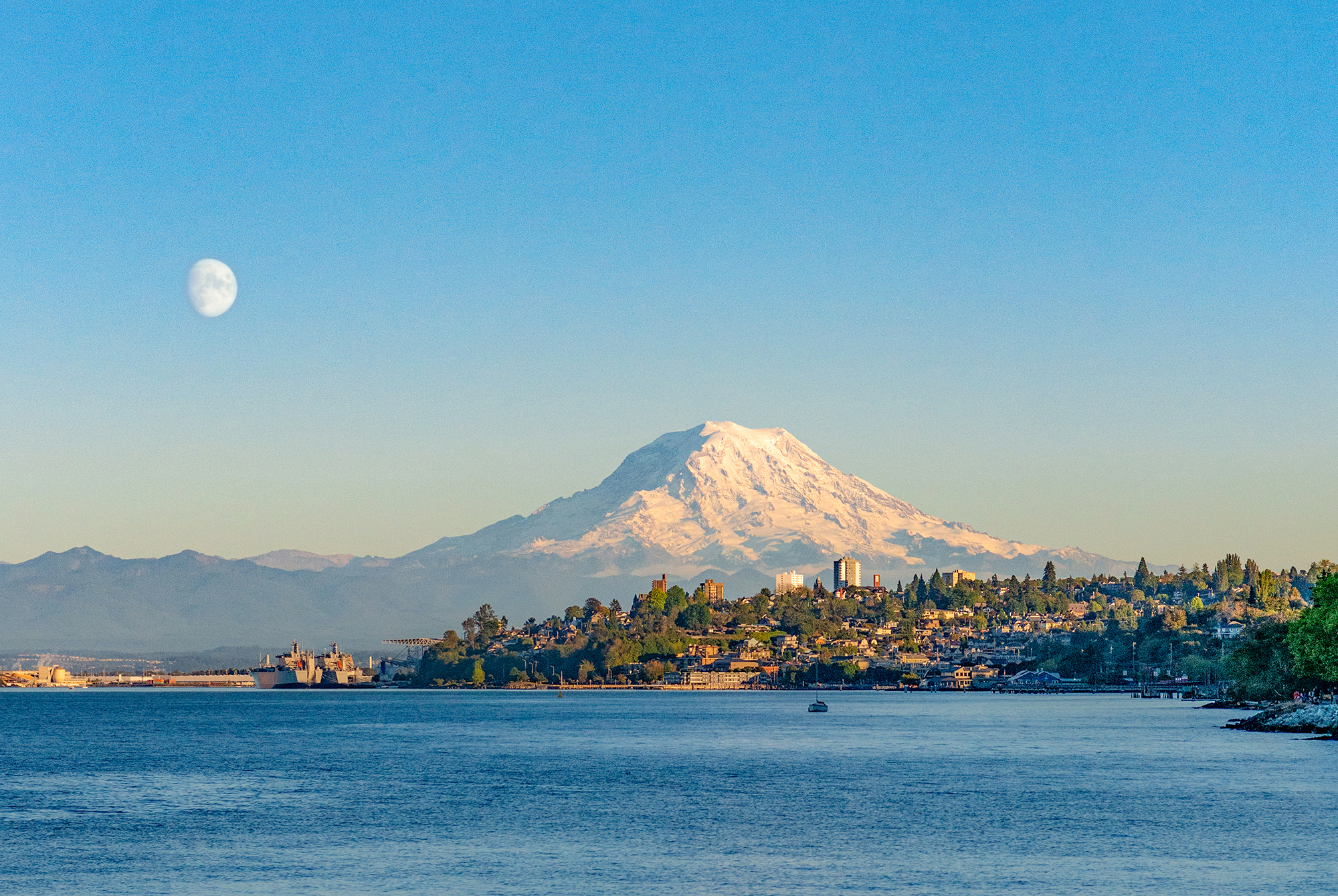 Moon rising over Mount Rainier